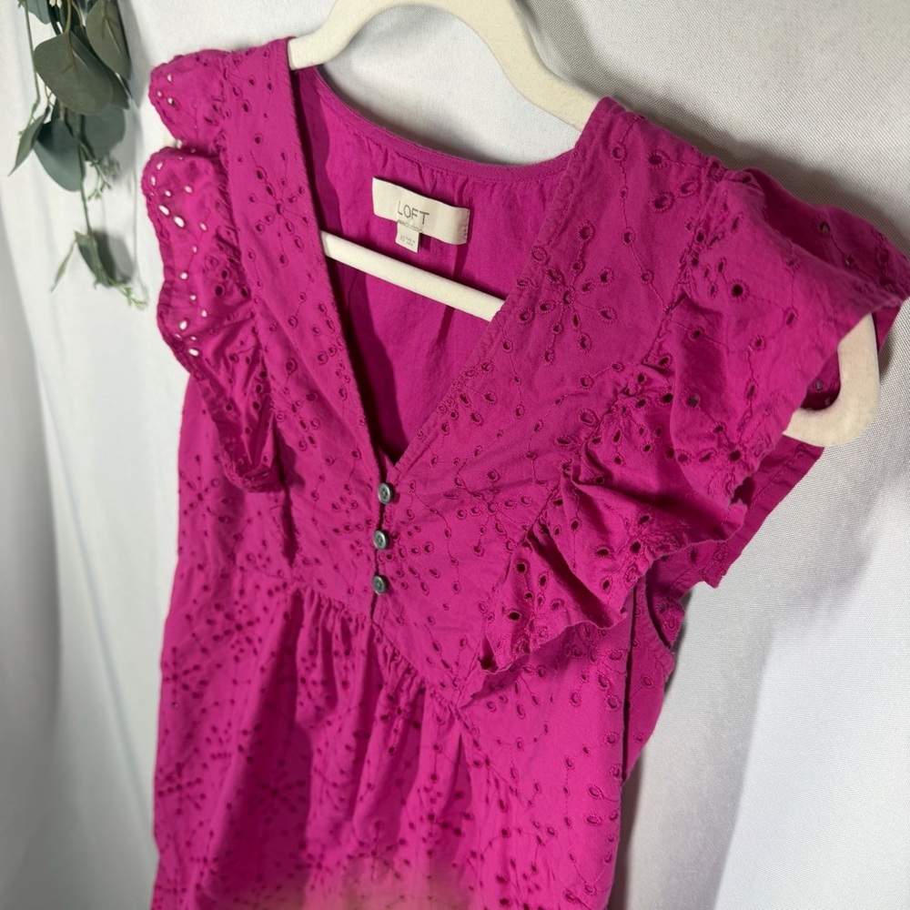 LOFT | Eyelet Flutter Sleeve Dress Magenta Pink Purple Mini Women's Size XS - Picture 6 of 11